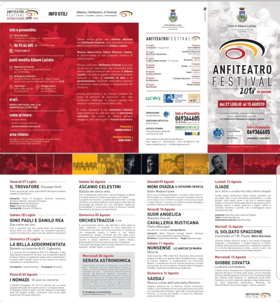 27 luglio - 15 agosto   -    Albano Laziale VII edizione Anfiteatro Festival Una produzione Europa Musica In cartellone Gino Paoli e Danilo Rea, Moni Ovadia, Ascanio Celestini, Nomadi, Giobbe Covatta