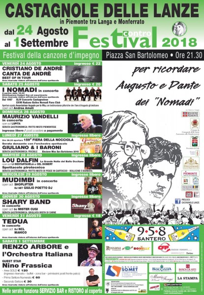 Festival Contro 2018 a  Castagnole delle Lanze (AT)  “Festival della canzone d'impegno”. Dal 24 agosto al 1 settembre