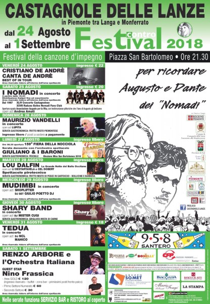 Festival Contro 2018 a Castagnole delle Lanze (AT) “Festival della canzone d'impegno”. Dal 24 agosto al 1 settembre