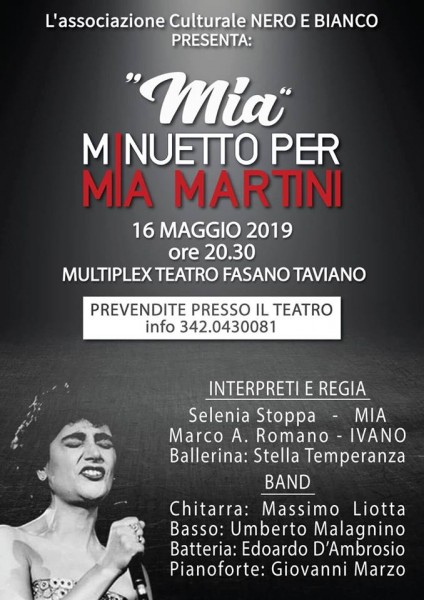 "Mia - Minuetto per Mia Martini" il 16 Maggio al CineTeatro “Multiplex” Fasano di Taviano