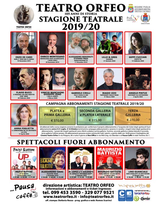 Presentata la stagione teatrale 2019/2020 del Teatro Orfeo di Taranto
