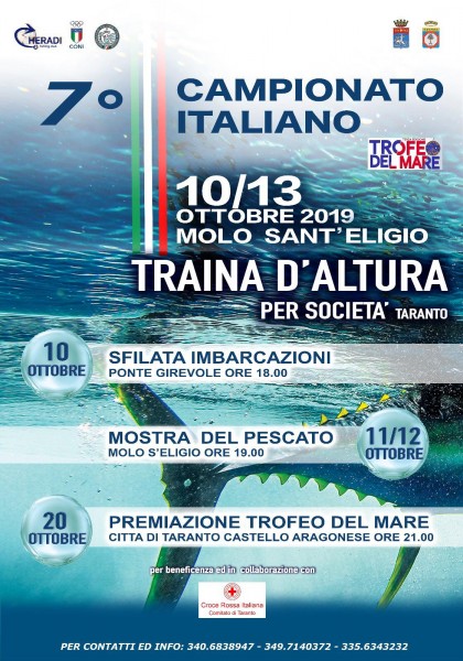 7° Campionato Italiano  di Traina D'Altura 2019 per squadre: a Taranto dal 10 al 13 ottobre