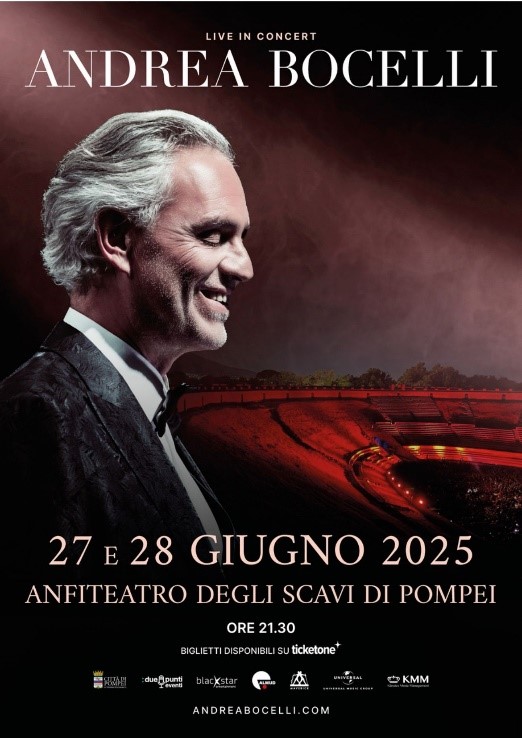 Andrea Bocelli domani a Pompei: due concerti-evento negli Scavi, tra musica e patrimonio mondiale